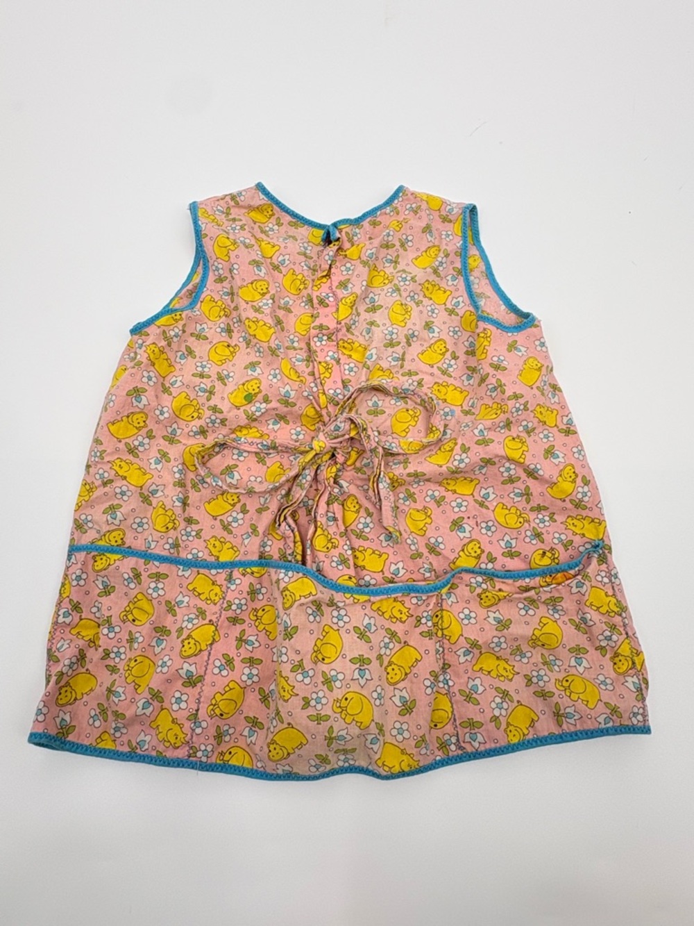 Vintage Pink & Yellow Floral Duck Sleeveless smock with Blue Trim